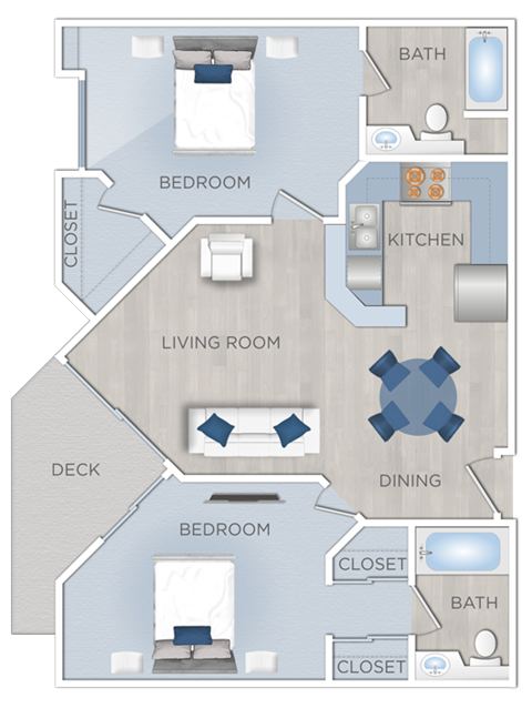 Floor plan for 2 beds, 2 baths, 934 sqft